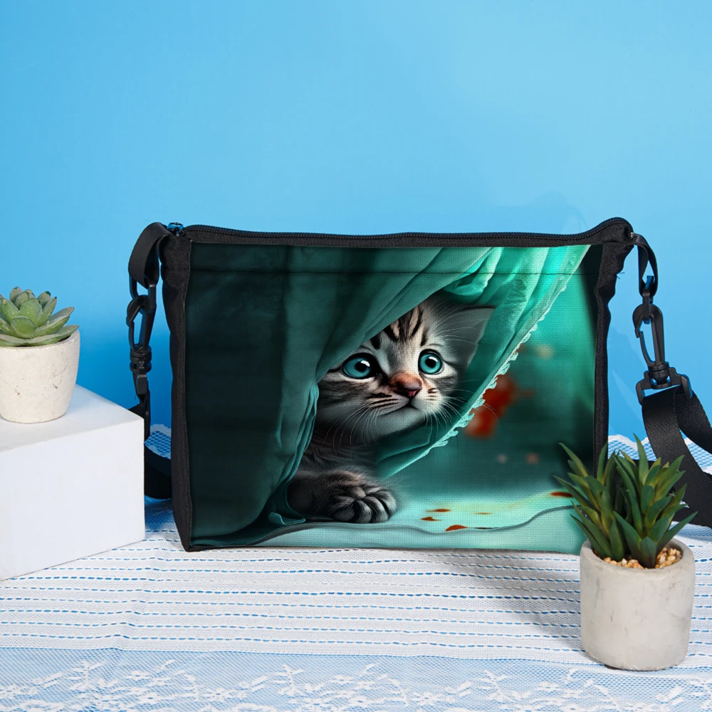 1pc Cat Print Crossbody Bag Green Kitten Peeking From Curtain Shoulder Bags For Women Girls Fashion Casual Daily Use Travel Scho