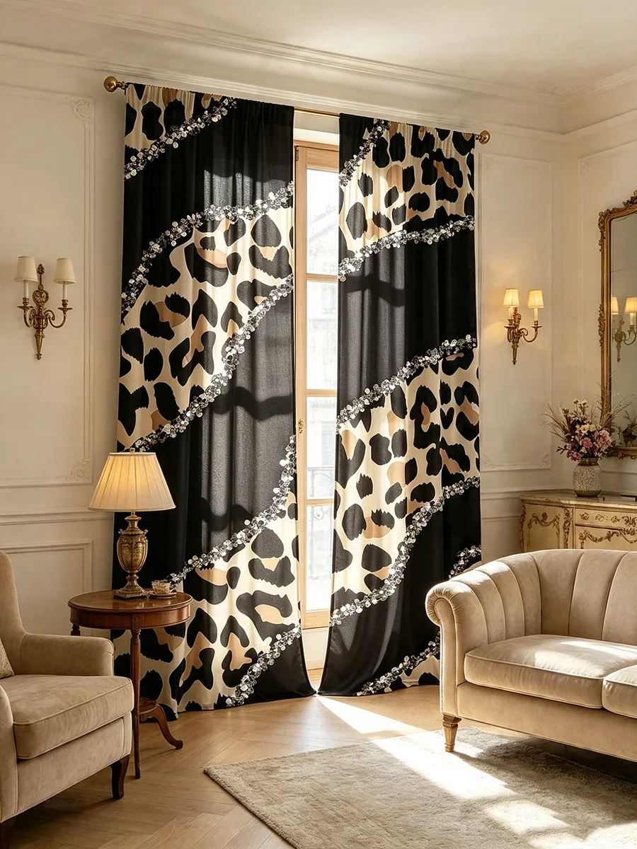 2PCS Digital Print Curtains Black Spliced Leopard Print Rhinestone Line Modern Luxury Living Room Window Drapes