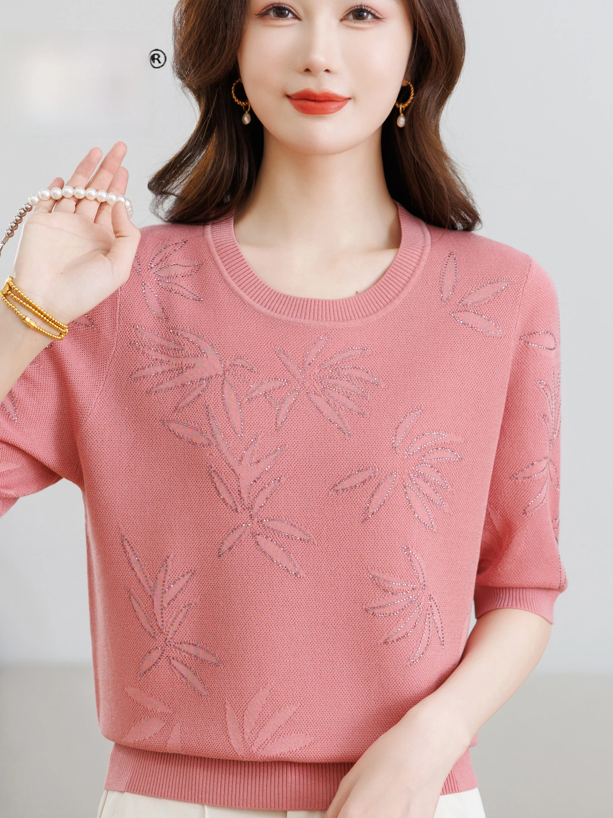 

Faionable round Ne mid Sve Knitted Top Loose Slimming Thin Mom Sle Women's T irt for Middle Aged And ly Ladies
