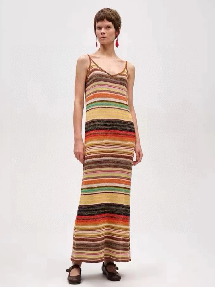 

Retro color striped knitted yarn sexy off-the-shoulder vest dress 2024 summer women's new fashion stretch bag hip straight skirt