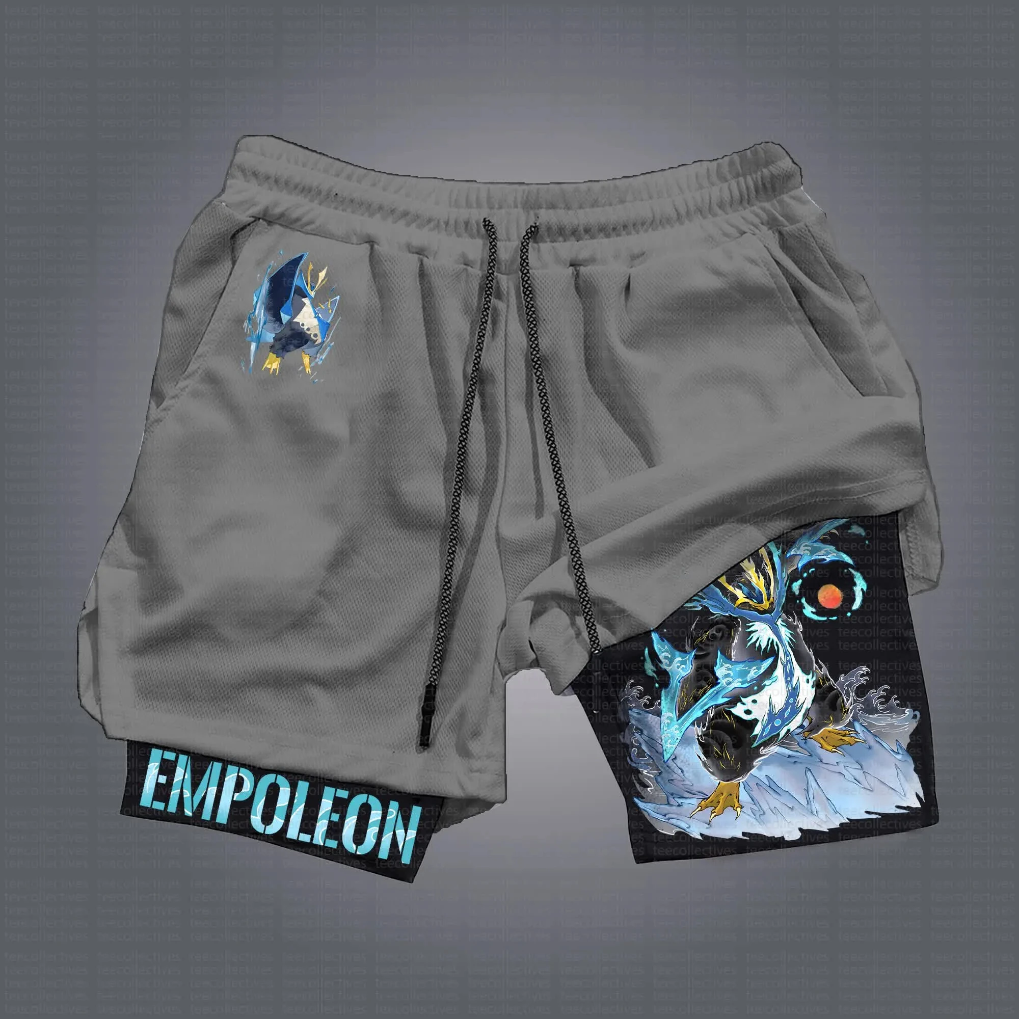 

Шорты Pokemon Empoleon, мужские хлопковые спортивные брюки, лето 2022, брюки с рисунком, серая основа, маленький синий значок, левый карман, текст EMPOLEON