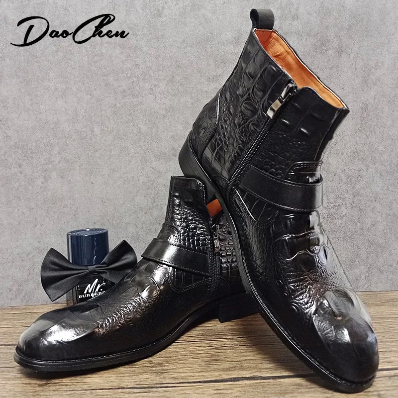 

Luxury Men Ankle Boots Shoes Black Burgundy Crocodile Printed Zip Chelsea Buckle Strap Leather Shoes Dress Boots For Men