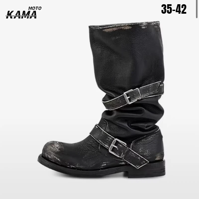 

Retro Weathered Knight Boots Belt Bule Chunky Heel Mid-Calf Women's Boots Cowhide Leather Slimming Booties for All-Season Wear