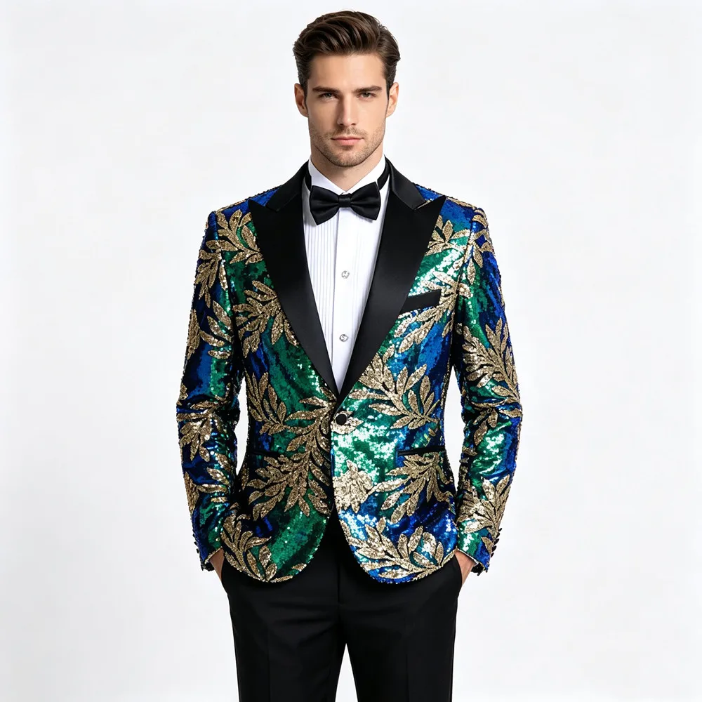 Men's Embroidery Sequins Suit Jackets Gold Green One Button Slim Festival Events Blazer Evening Party Singer Host Stage Tuxedo