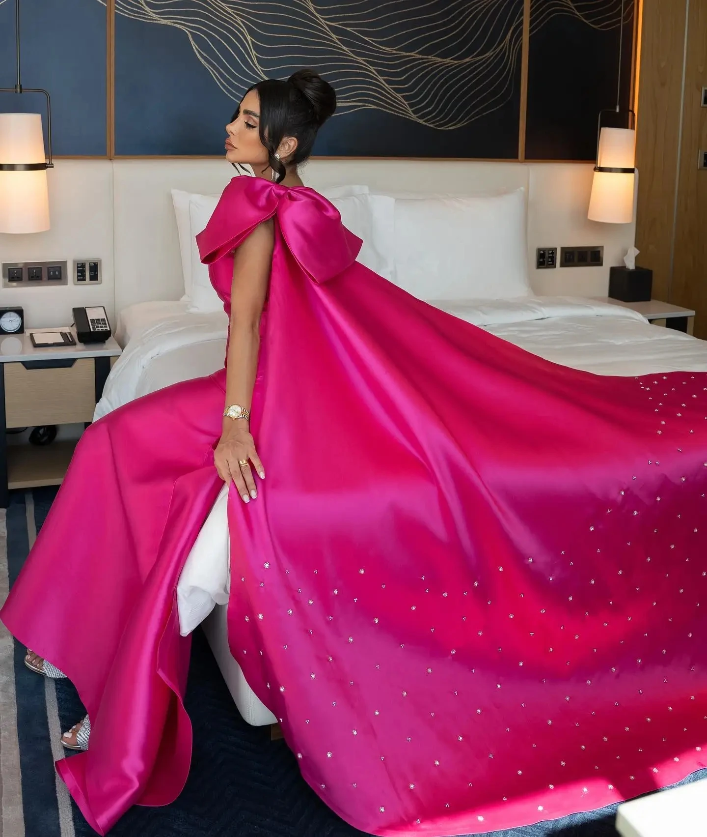 

Hot Fuchsia Mermaid Prom Party Dress One Shoulder Bow Sequins Beads Long Formal Evening Pageant Gown Birthday Robe De Soriee