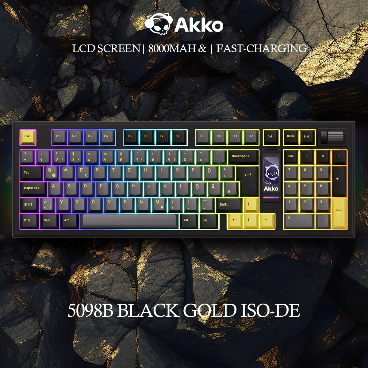 Akko 5098B Kabellose mechanische Gaming-Tastatur in Schwarz und Gold mit TFT-Bildschirm, vertikalem Knopf, 96 Tasten, Hot-Swap-fähige RGB-Gaming-Dichtung mit Hintergrundbeleuchtung