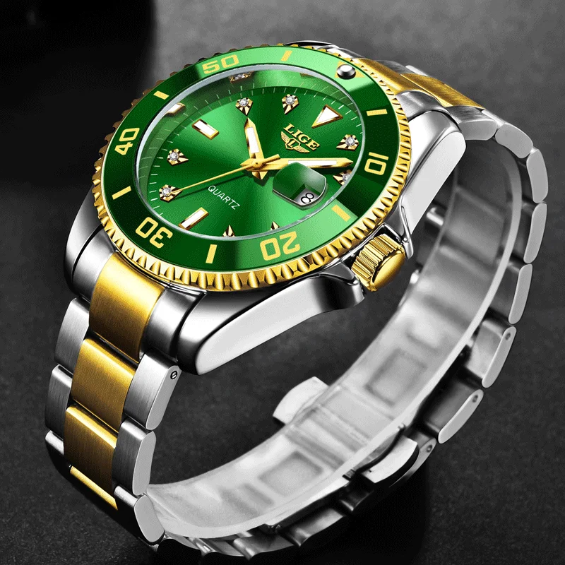 LIGE Fashion Gold Quartz Man Wristwatch Steel Business Luxury Mens Watches Luminous 3ATM Waterproof Rotating Outer Ring Watch