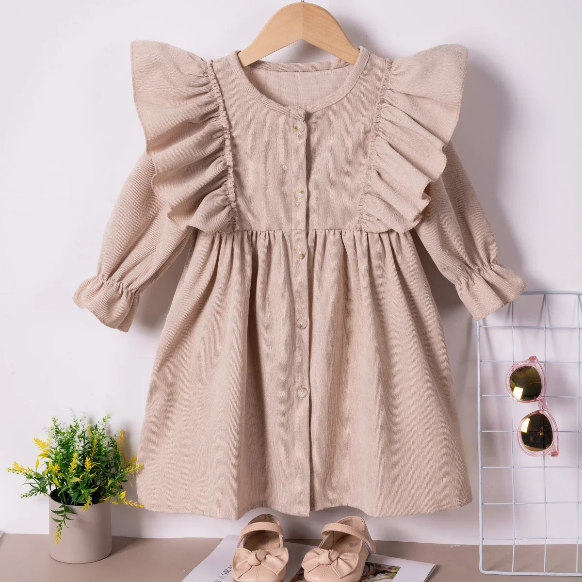 Toddler Girls New Autumn Dress Solid manica lunga Button Design abiti Casual Cute Ruffles abbigliamento popolare per bambini