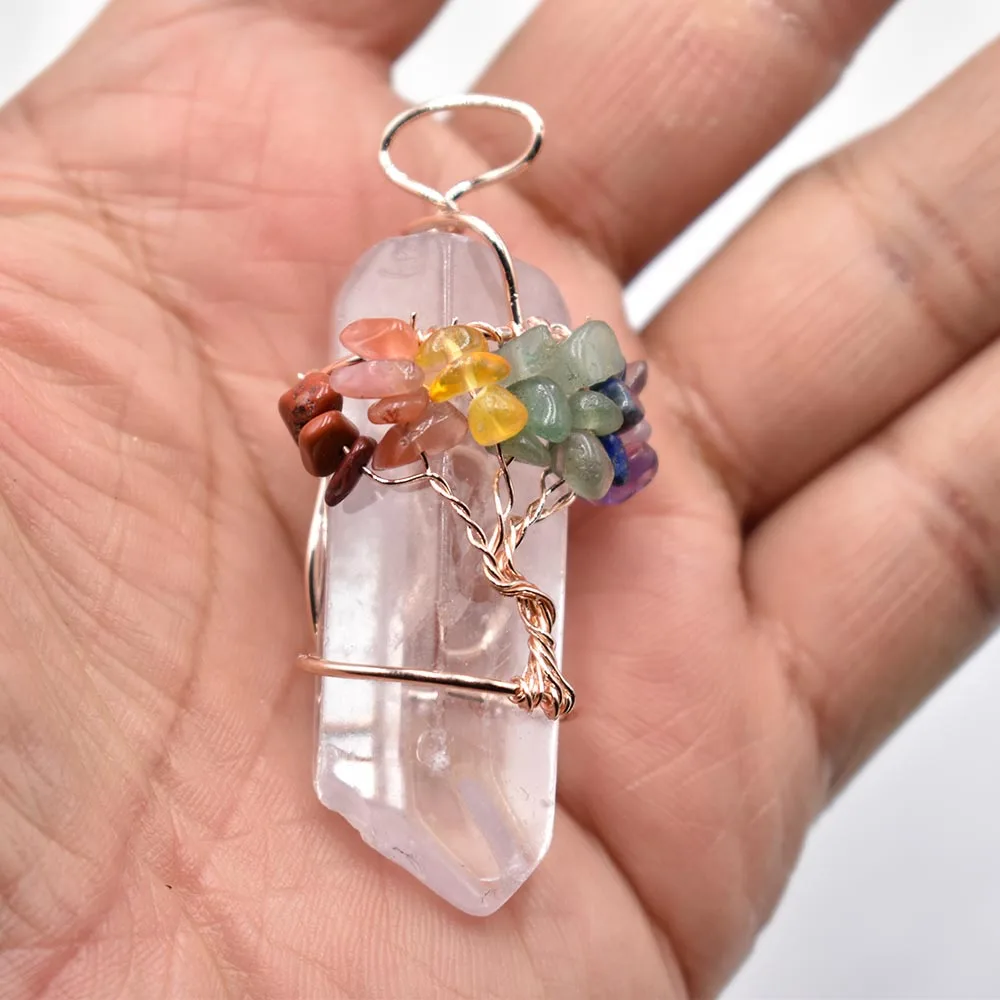 Natural stone White crystal Pillar Pendants Handmade  Copper Wire Wrapped Tree of Life Wholesale 6Pcs/Lot for Necklace Jewelry