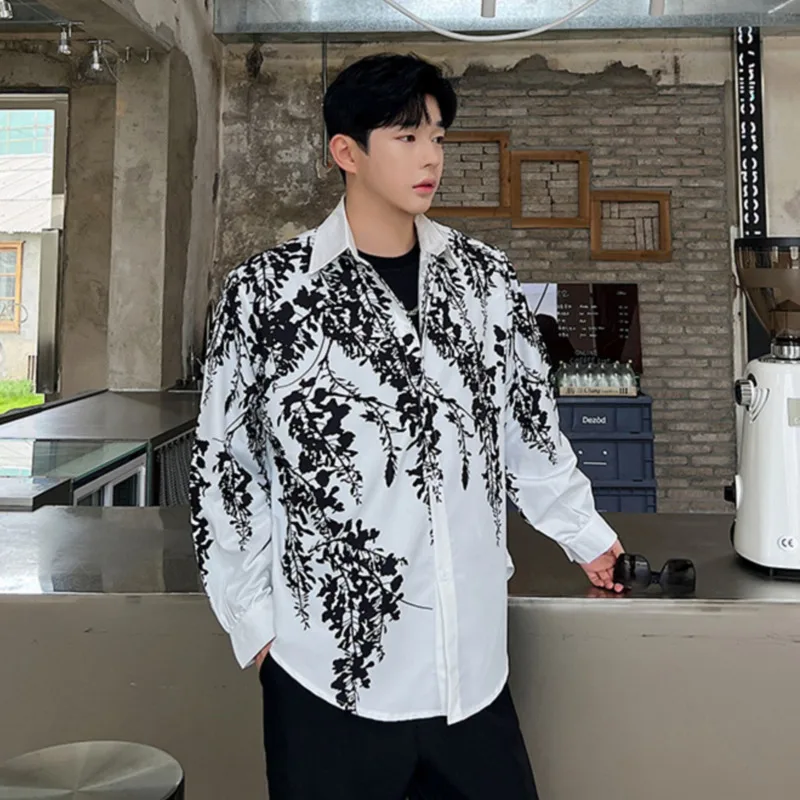 Men Shirt Personality Digital Print Lapel Long Sleeve Camisas Streetwear Korean Chic Loose Casual Male Clothing Dress Shirts
