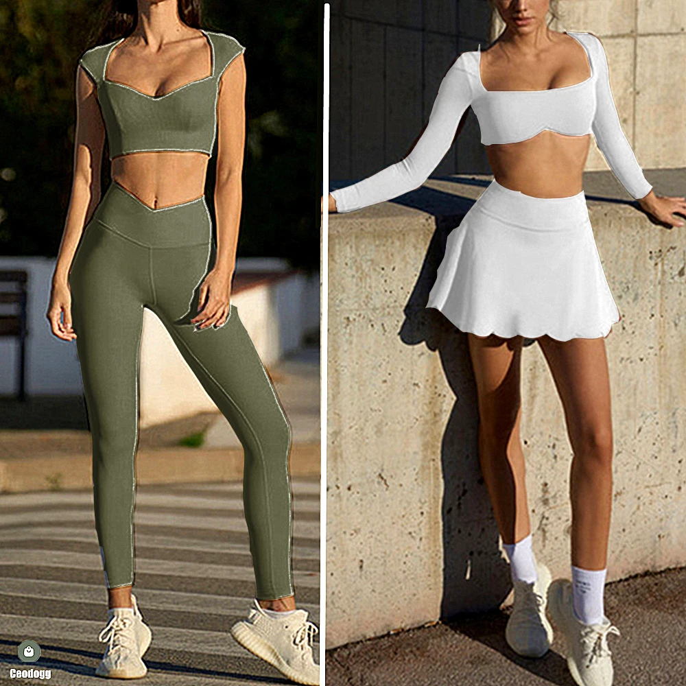 2024 Nude Pad Women Spandex Long Sleeve Yoga Shirts Workout Athletic Bra Fitness Gym Workout Anti Shorts Skirt Running Leggings