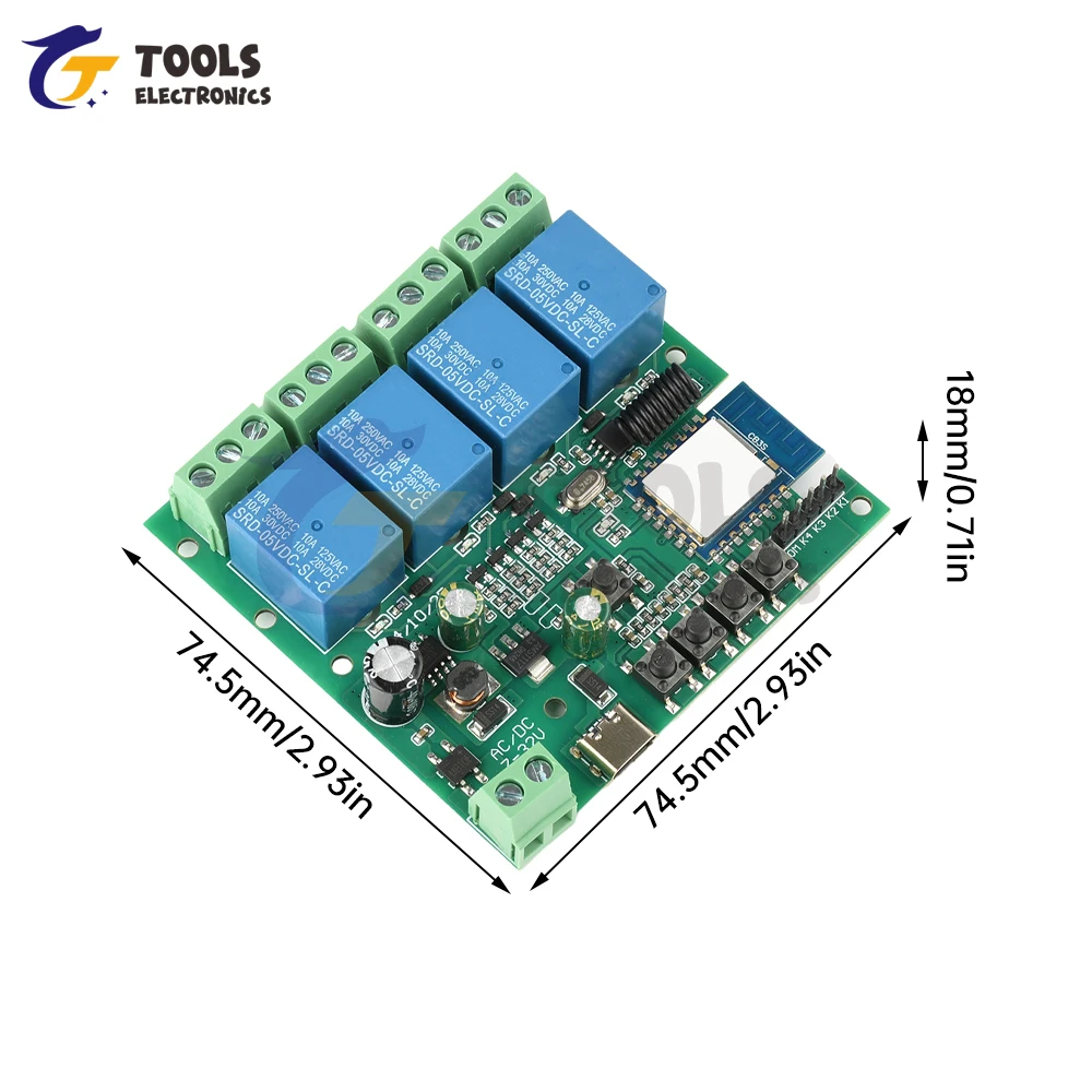 Smart WiFi Relay Switch Module USB 5V DC 7-32V 4-Channel Wifi Remote Control Relay Switch Module for Tuya APP