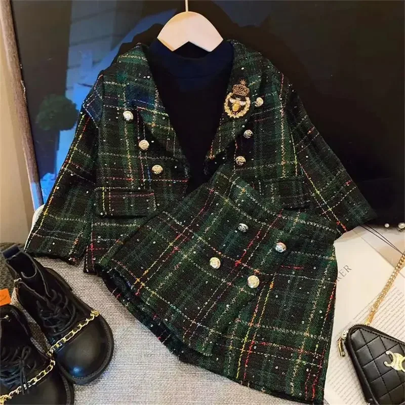 

New Fashion Baby Girl Clothes Set Spring Vintage Plaid Blazer Outwear Coat +Shorts Children's Clothing Outfits Suit 2pcs 2-7Y