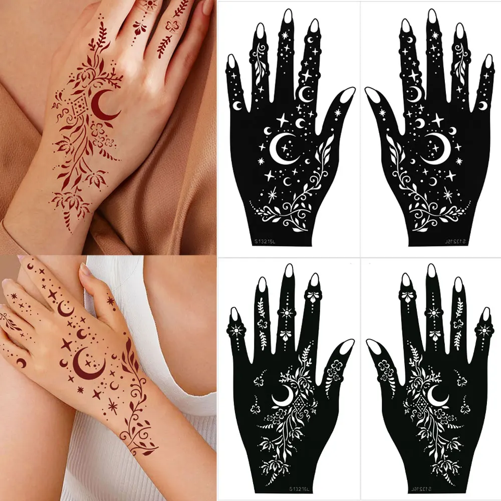 

2pcs Moon Flower Pattern Tattoo Stencils for Women Henna Tattoo Templates for Ramadan Festival Hand and Fingers Decor