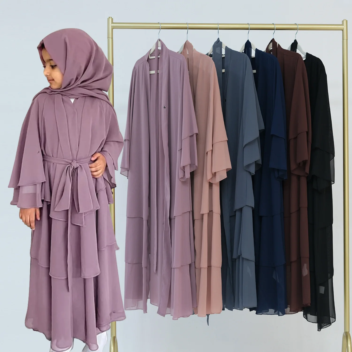 Mousseline de soie volants Abaya filles femmes ouvert Kimono Abayas robe musulmane turquie caftan Caftan Jalabiya vêtements islamiques Marocain Femme