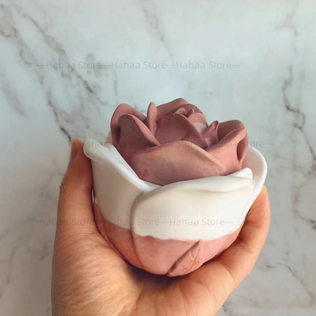 Rose Flower Shaped Storage Jar Candle Cup Container Silicone Mold Cement Vessel Concrete Flowerpot Desktop Decoration Mould