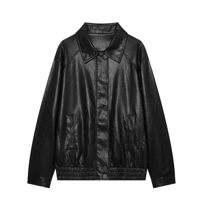 Guobioziy 2026 Fall Women Lapel Faux Leather Jacket Elastic Hem Classic Retro Outerwear For Cool Autumn Daily Wear