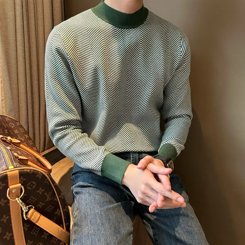 

Briti Sle Color Blo Slim Fit Knitted Sweater f High Collar Men's Yarn Knit Casual Faion Warmth Young Adult Sweater