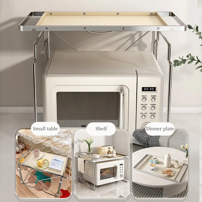 Kitchen 2-layer Microwave Oven Storage Rack Retractable Countertop Gadget Set Floor Stand Seasoning Holder Spicy Organizer Shelf
