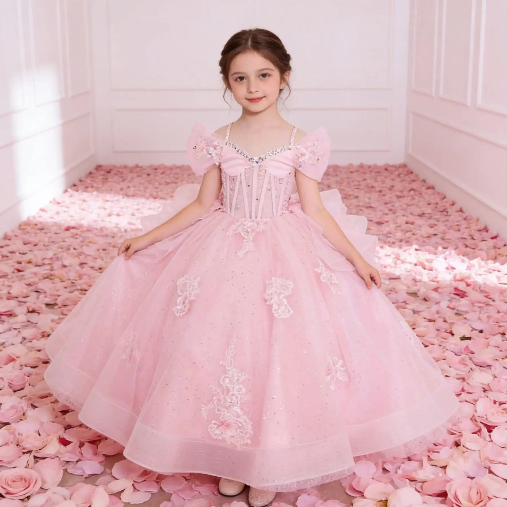 

Princess Flower Girl Dress For Wedding Floor Length Tulle Puffy Little Girl Bridesmaid Birthday Photo Shoot Prom Gown Customized
