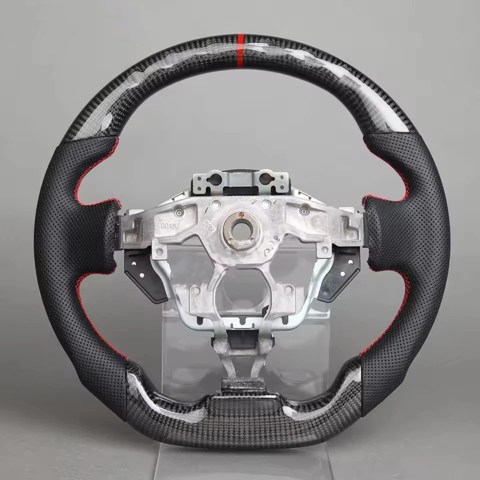 عجلة قيادة جلدية من ألياف الكربون لنيسان سنترا 370Z 2008-2020 عجلة سباق جلدية عجلة توجيه سيارة خياطة حمراء AA
