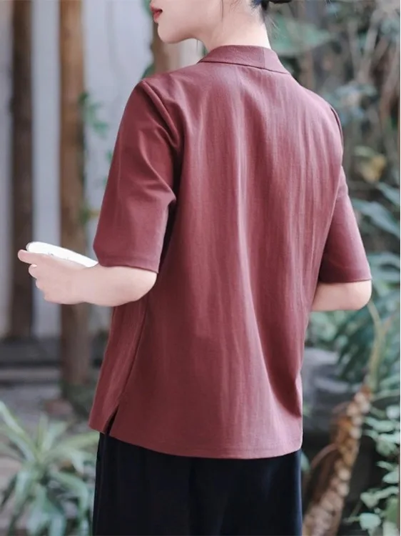 Rétro lin coton irt femmes v-ne mi-sve asymétrique Hanfu Sle tendance nationale T-shirt coupe ample décontracté irt