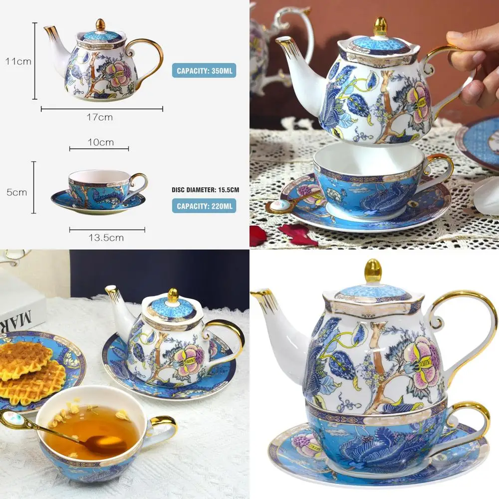 

Vintage Floral Bone China Tea Set for One, Porcelain Teapot and Cup Gift for Women, Blue Floral Design