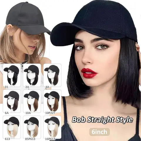 बेसबॉल कैप हेयर एक्सटेंशन के साथ स्ट्रेट शॉर्ट बॉब हेयरस्टाइल एडजस्टेबल रिमूवेबल सिंथेटिक विग हैट 6 इंच महिलाओं और लड़कियों के लिए 10 best sales टोपी विग - №2