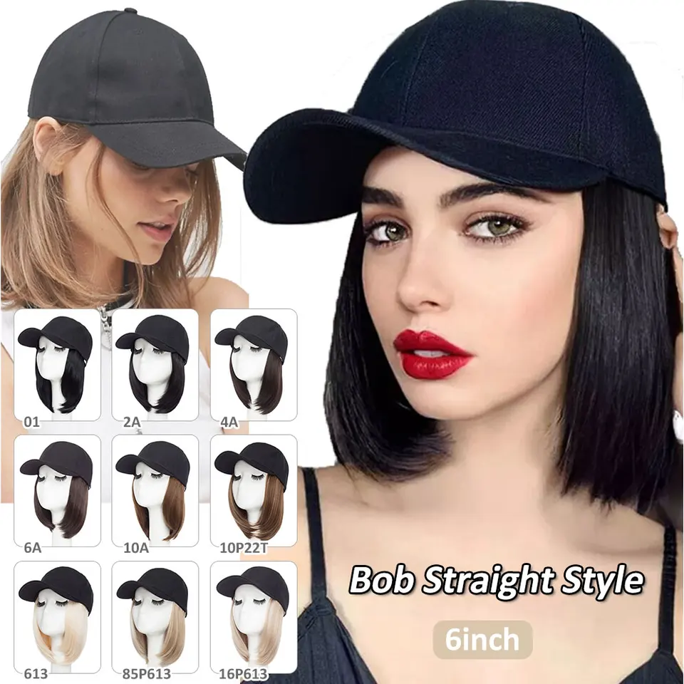 Gorra de béisbol con extensión de cabello sintético lacio bob corto, ajustable y removible, 6 pulgadas 3