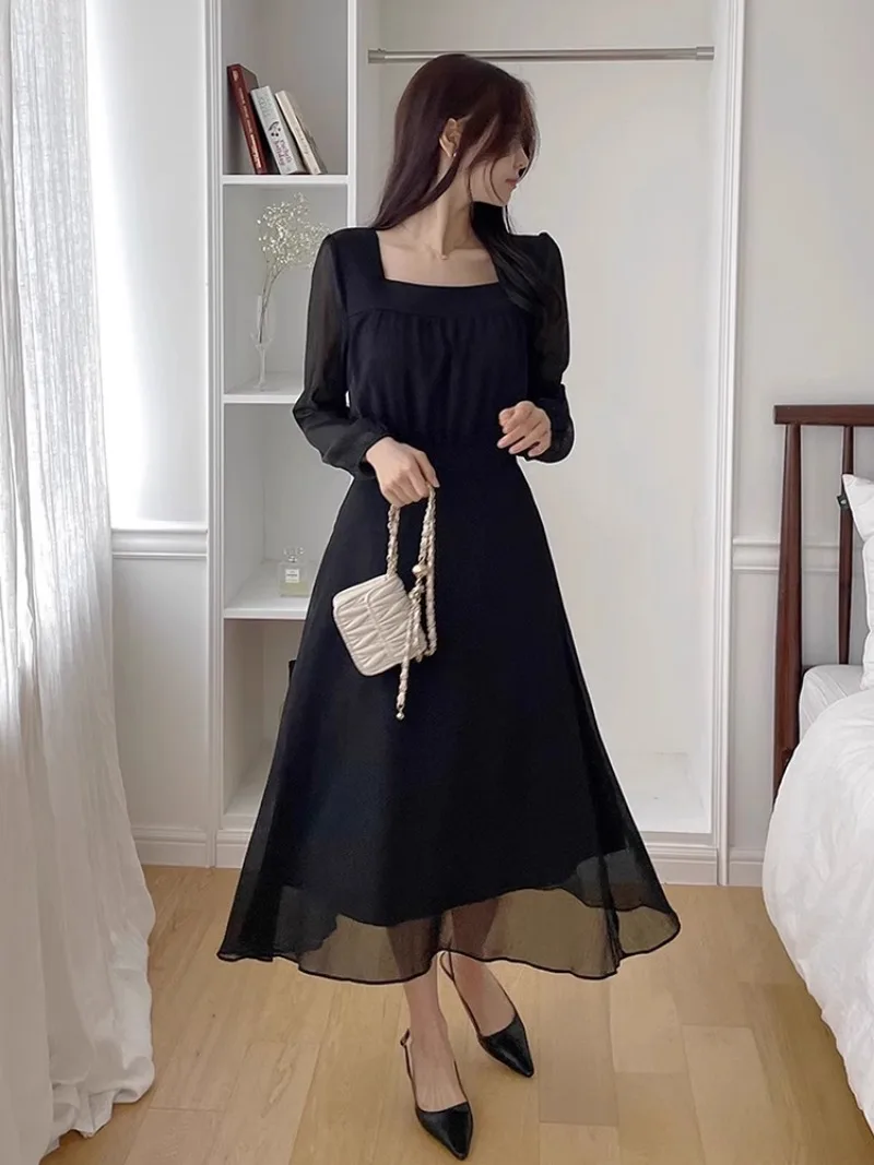 Lace-up Tunicvestidos Mujer Sqaure Collar Women Dresses Long Sleeve Dress Sweet Temperament Vestido 2024 Korean Chic Robes