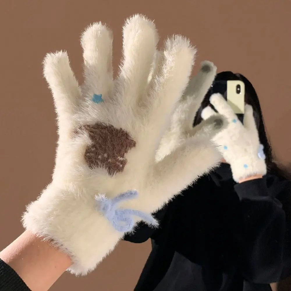 Bow Star Cat Pattern Full Finger Gloves Polyester One Size Winter Warm Gloves Cold Proof Thick Gloves Outdoor Activities