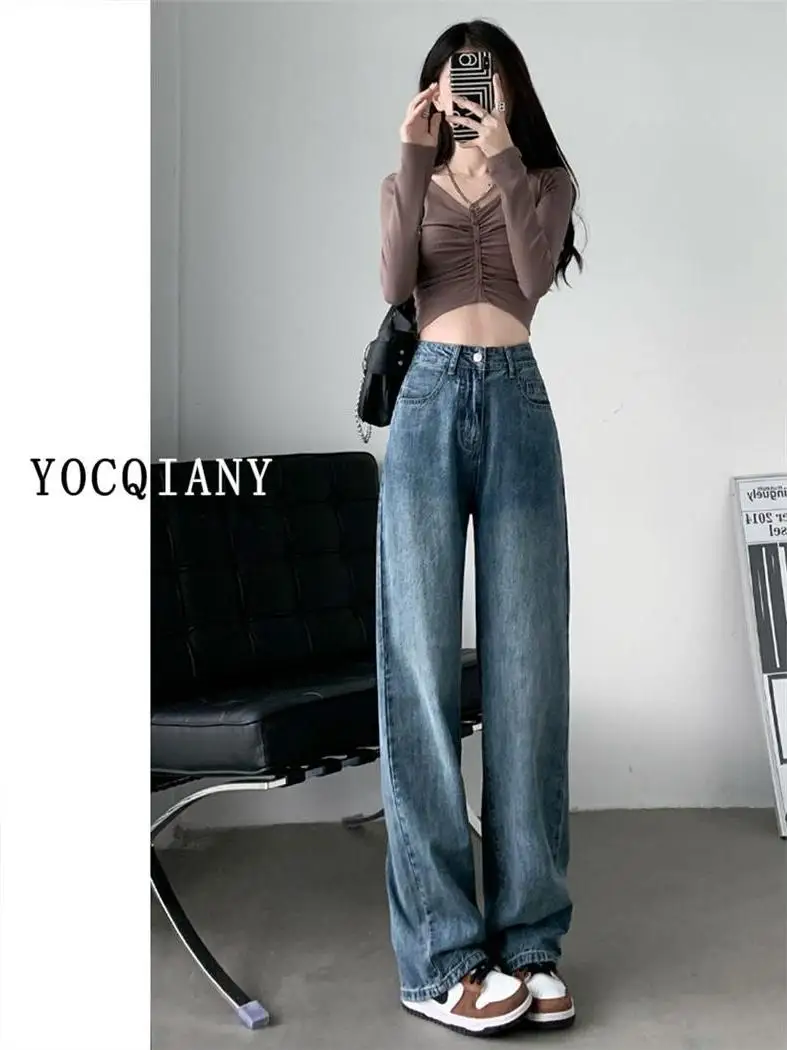 

Синие утягивающие прямые джинсы в стиле ретро с высокой талией, свободный крой, широкие брюки небольшого размера, женские осенние новые повседневные хлопковые брюки