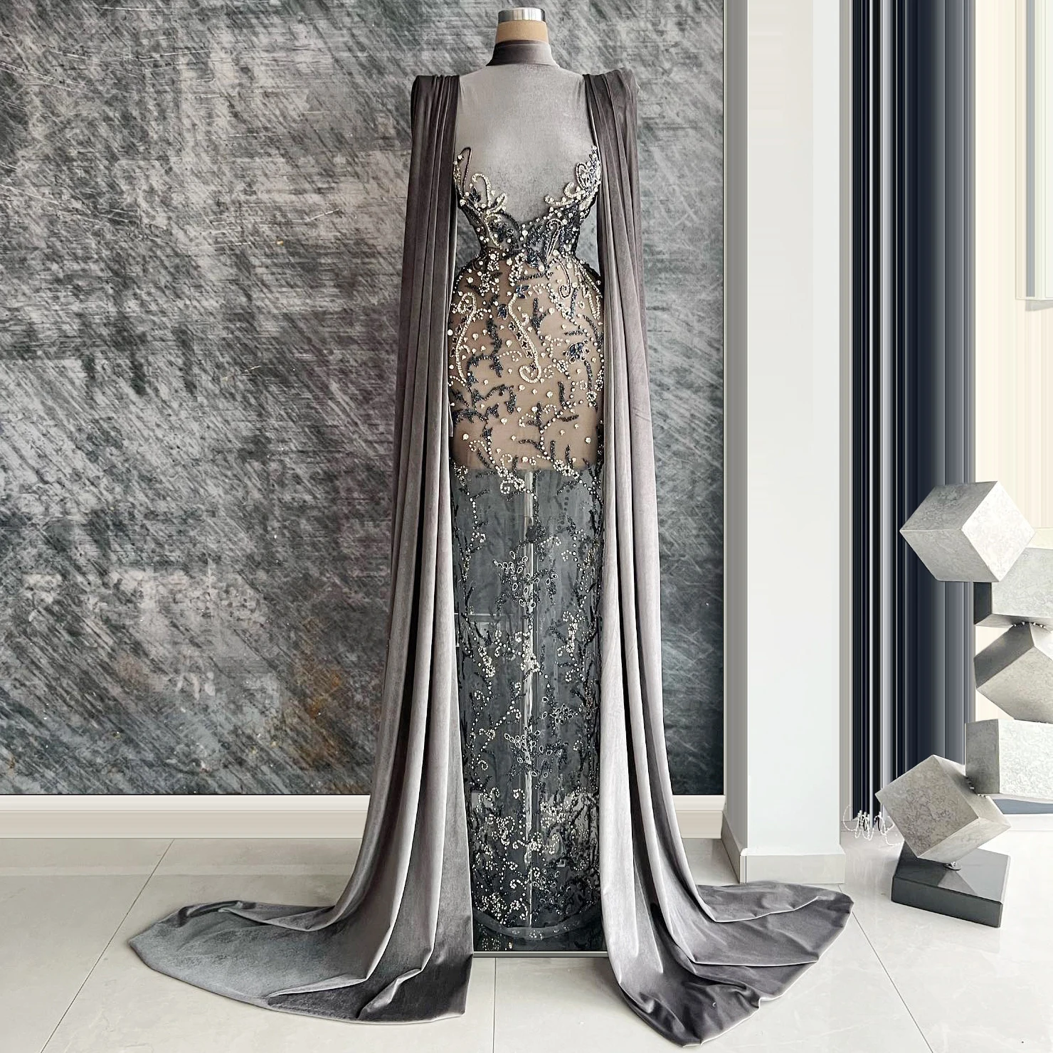 

Новое вечернее платье 2025 года, бархатное лоскутное кружевное платье с вышивкой, шлейфом на плечах и высоким вырезом, вечернее банкетное платье