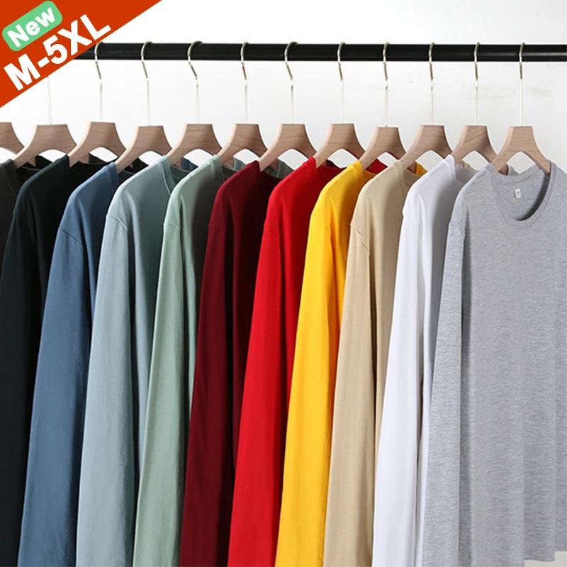 Long Sleeves T-Shirts Men 100% Cotton Tee Tops Male Autumn Basic Plain Color Tshirts Women Normal Fit Size M-5XL Under Wear Man