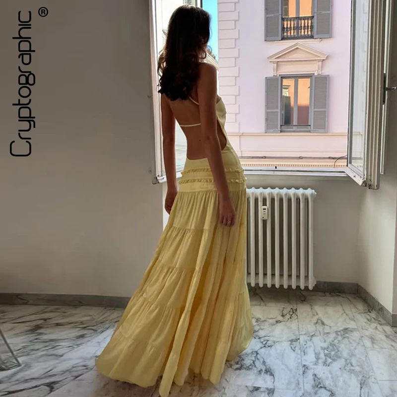 

Cryptographic Elegant Backless One Shoulder Slip Maxi Dress Party Club Frill Hem Sexy Cocktail Dresses Women Holiday Outfits