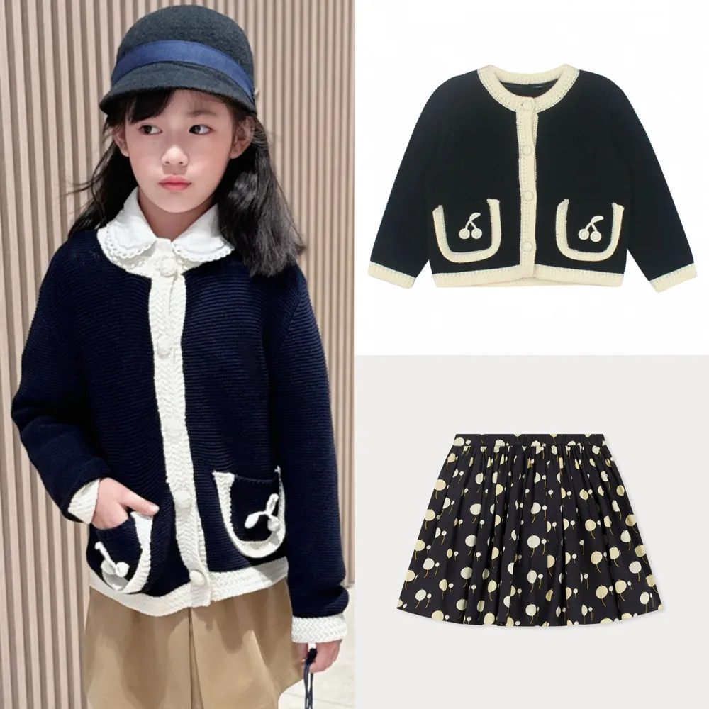 

spring baby girls clothes baby coat navy blue Handmade crochet cherry patterned pocket knitted cardigan Girls' sweater coat