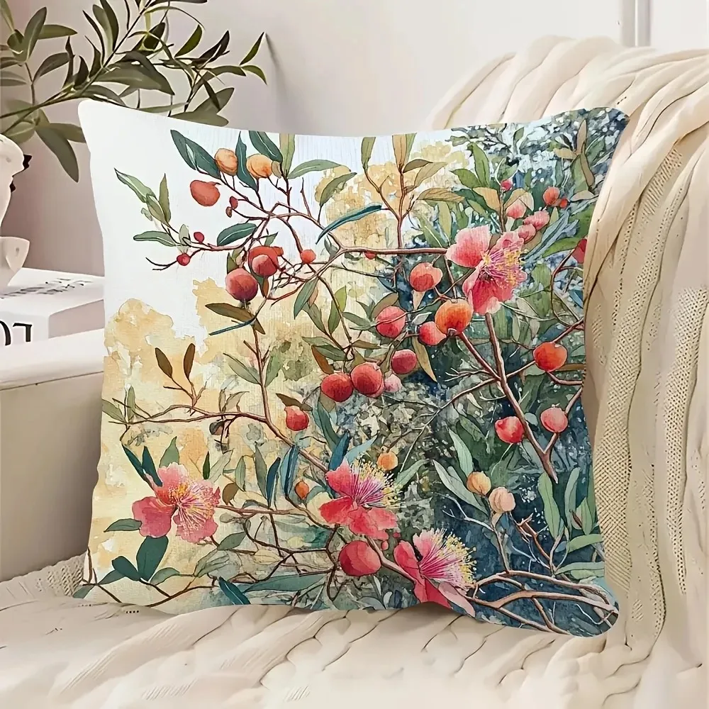 

Watercolor Floral Fruit Pillowcase Peach Skin 2D Flat Printed Botanical Cushion Cover For Sofa Living Room Home Decor