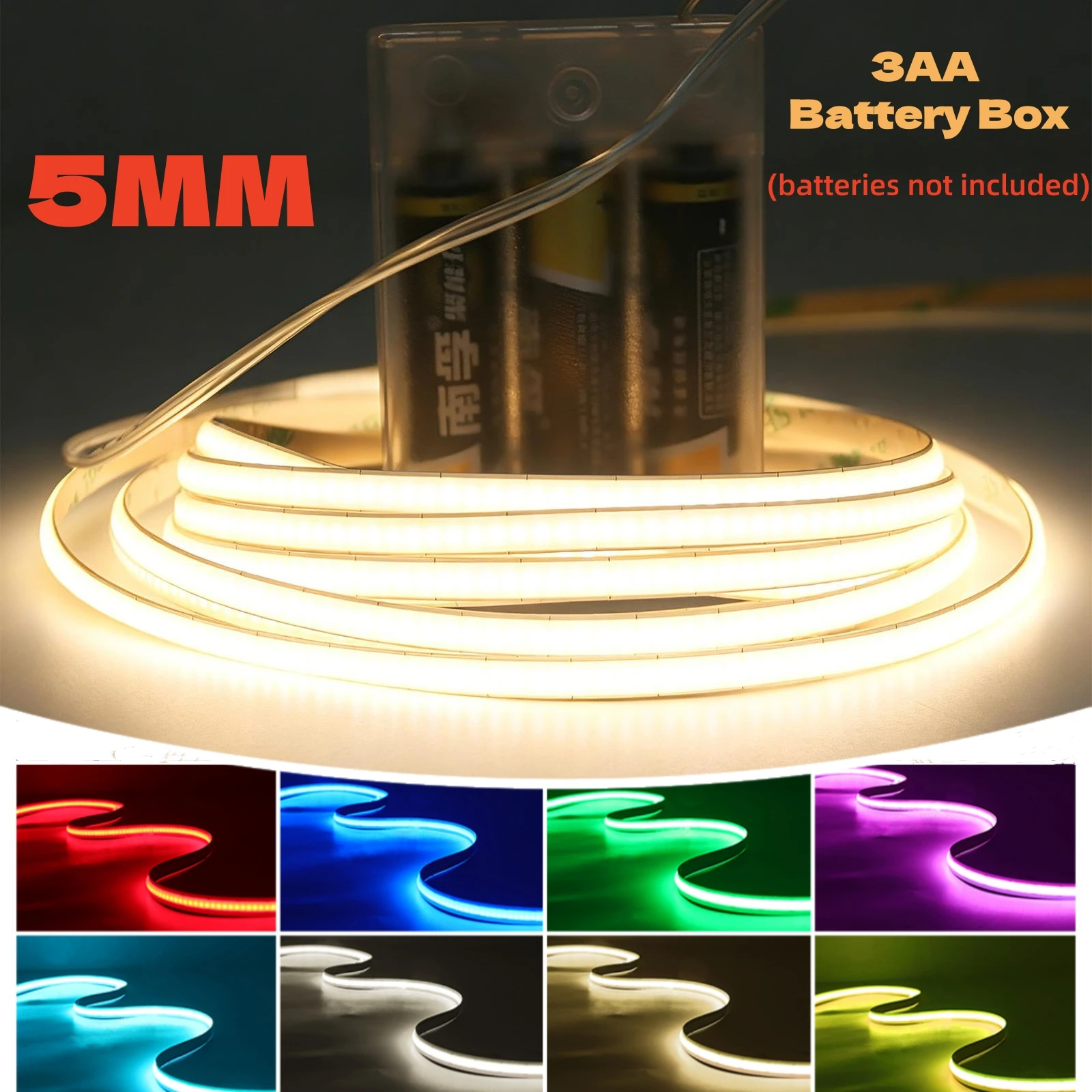 5MM COB LED Strip Light With 3AA Battery Box 320LEDs/M Flexible Ribbon Self-adhesive Tape Lamp RA90 High Density Linear Lighting