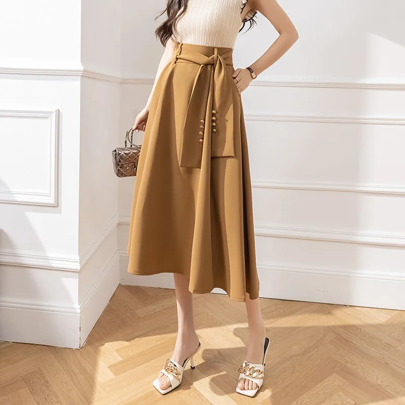 

Casual Bandage Khaki Blazer A-line Midi Dress Women Spring Loose Flared Skirt Elegant Chic Office Lady Workwear Versatile Outfit