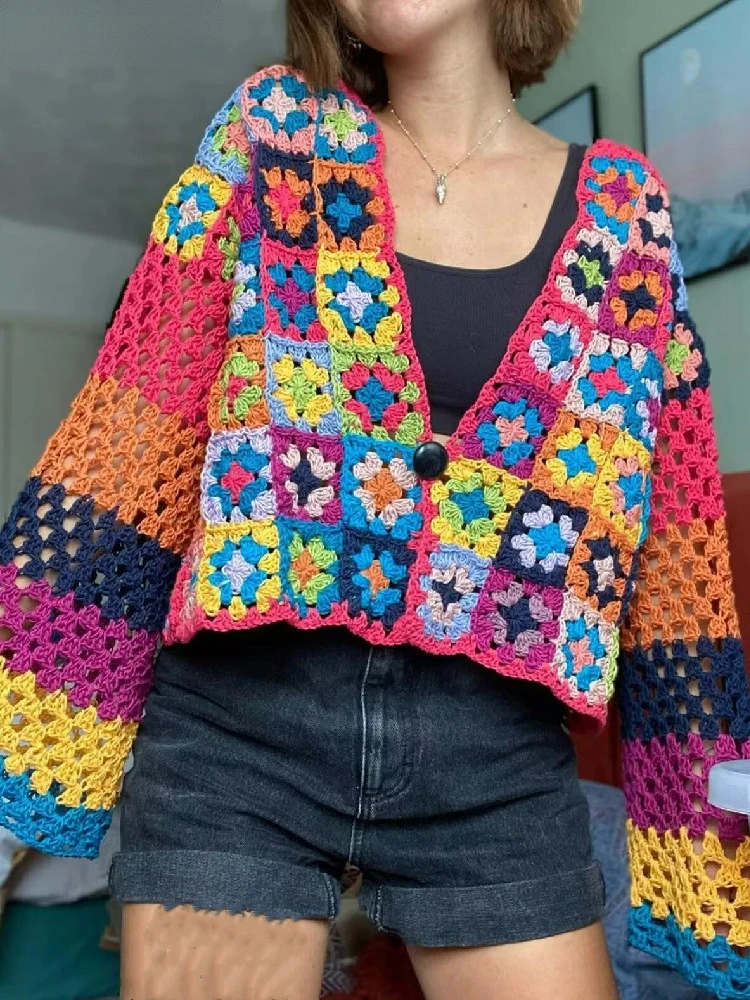 

2023 BOHO Plaid Flower Hand Made Crochet Cardigan Woman V Neck Long Sleeve One Button Sweater Knitwear Jumper Holiday