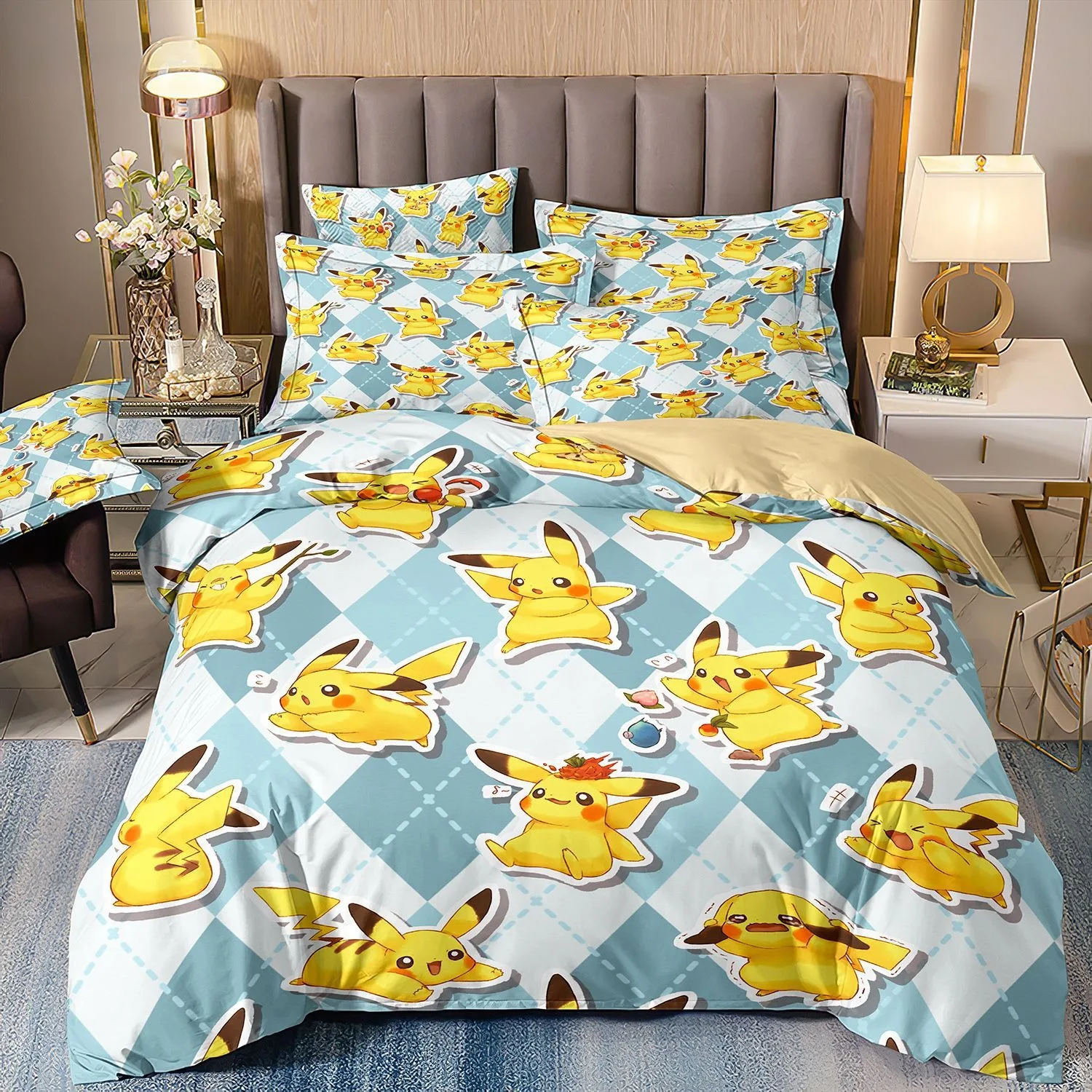 

Pikachu duvet cover pillowcase, Pokémon cartoon cute bedding set, boy and girl home room quilt cover, custom size available