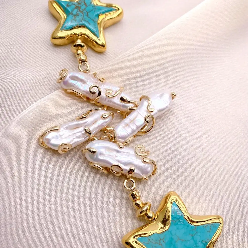 

YYGEM 45x47mm white biwa freshwater pearl 30mm pentagon shape turquoise Necklace