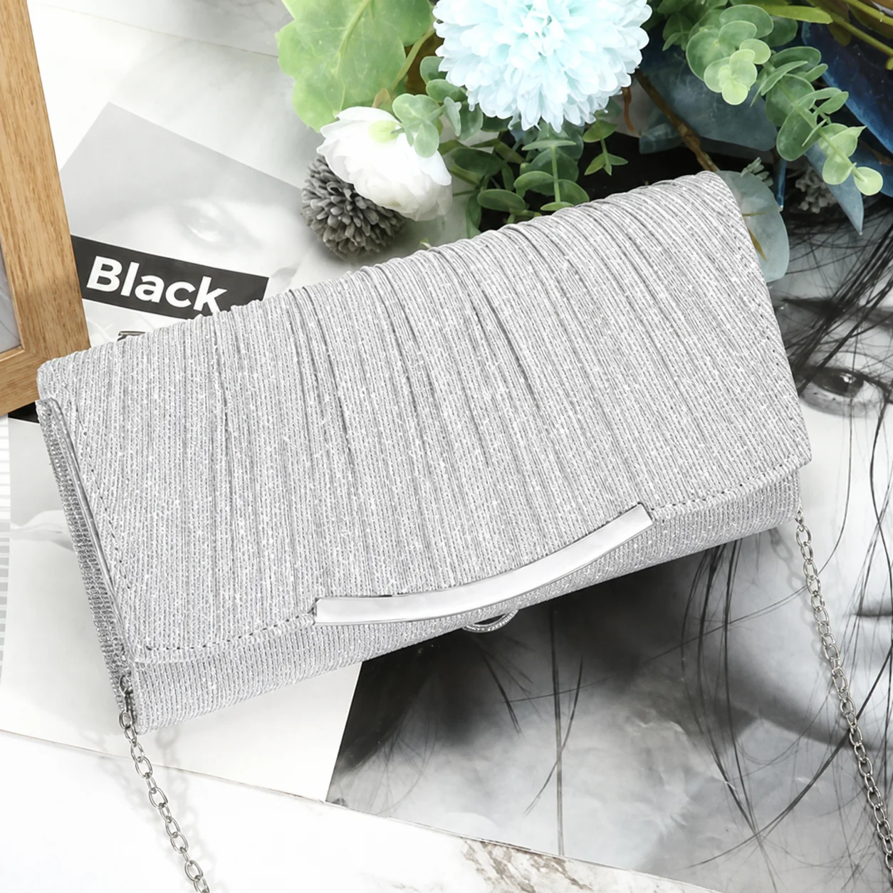 Glitter Ruched Bag Glittering Crossbody Handbag Metal Chain Evening Bag Practical Women'S Clutch Handbag For Prom Wedding Date