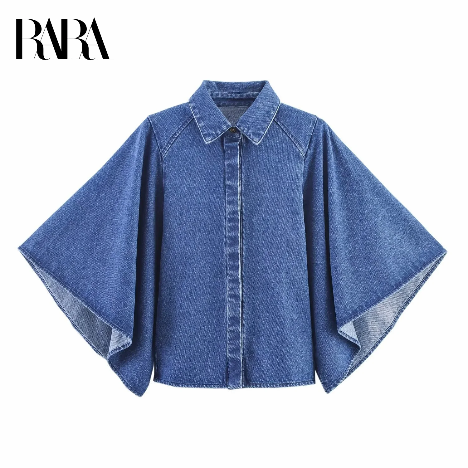 

RARA2025 Womens Summer New Style Batwing Sleeve Nine Point Sleeve Kimono Style Lapel Casual Stylish Short Denim Shirt