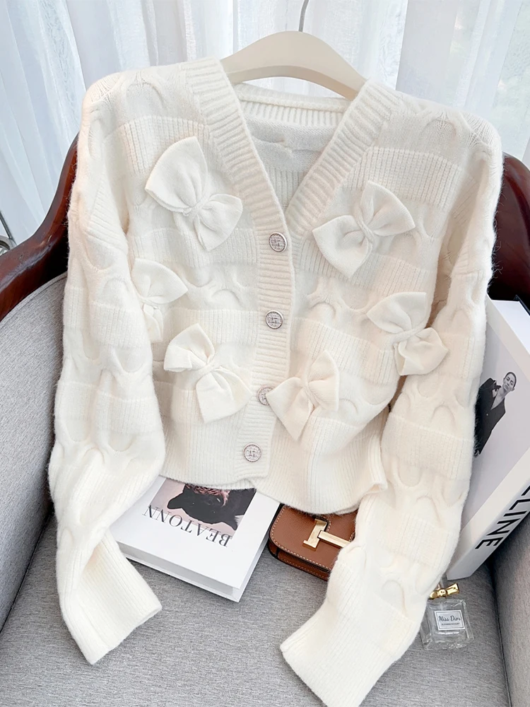

Women's White Cardigan Bow Sweater Harajuku Korean Y2k Long Sleeves V-Neck Cashmere Sweaters Jumper Vintage 2000s Clothes Autumn