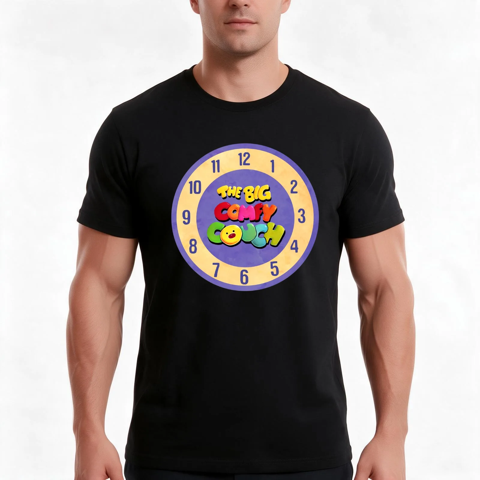 The Big Comfy Couch Clock T-Shirt, Summer Casual Cotton Tee, Oversized Streetwear Tops, Vintage Graphic Print, Unisex Men Women