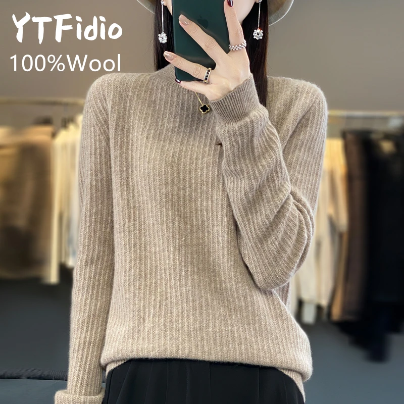 YTFidio 100% Wool Women Vertical stripes Half High Collar Solid Slim Tops Outerwears Knitted Pullover Office Lady Sweater 89