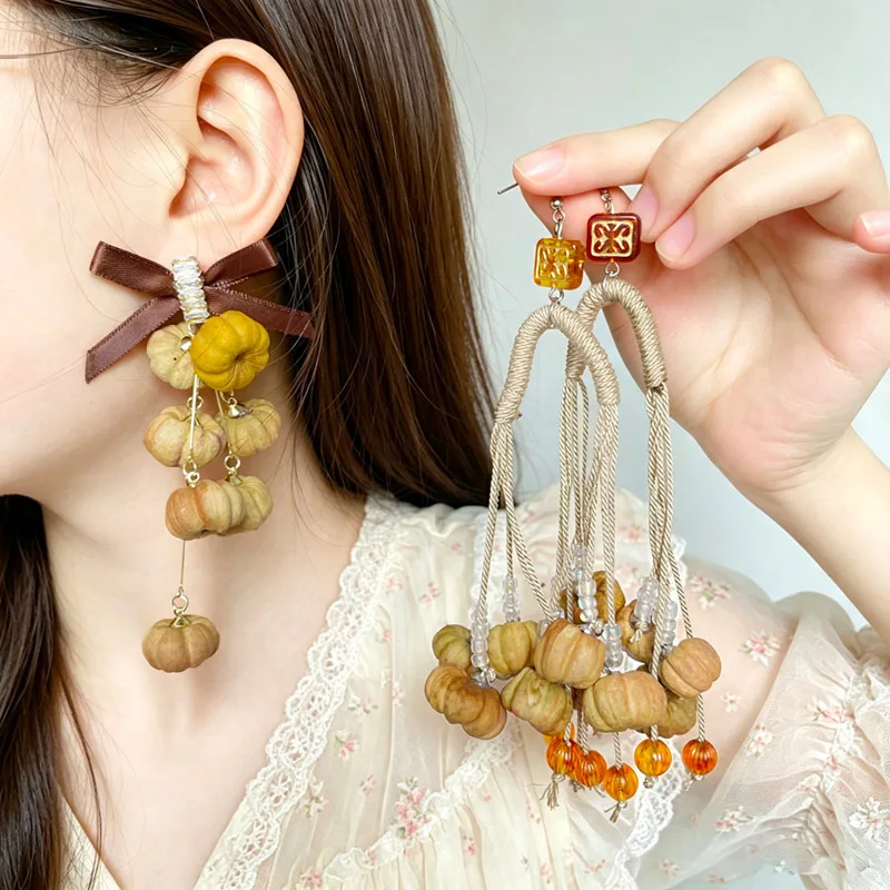 Retro Wooden Pumpkin Tassel Earrings Handwoven Long Atmosphere Gentle Niche Small Face Effect Ear Jewelry Artistic Vintage