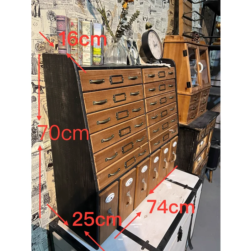 American Retro Country Wood Trapezoid Storage Cabinet with Many Drawers, Tabletop and Wall,Black and Brown