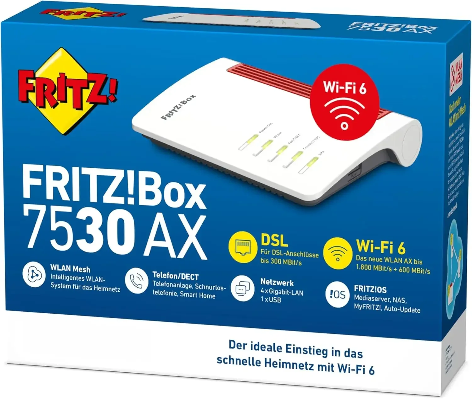 FRITZ!Box 7530 AX WI-FI 6 DSL-Router (DSL/VDSL، 1.800 ميجابايت/ثانية (5 جيجا هرتز) و600 ميجابايت/ثانية (2,4 جيجا هرتز)، Bis zu 300 ميجابايت/ثانية مع VDSL-Supervectorin